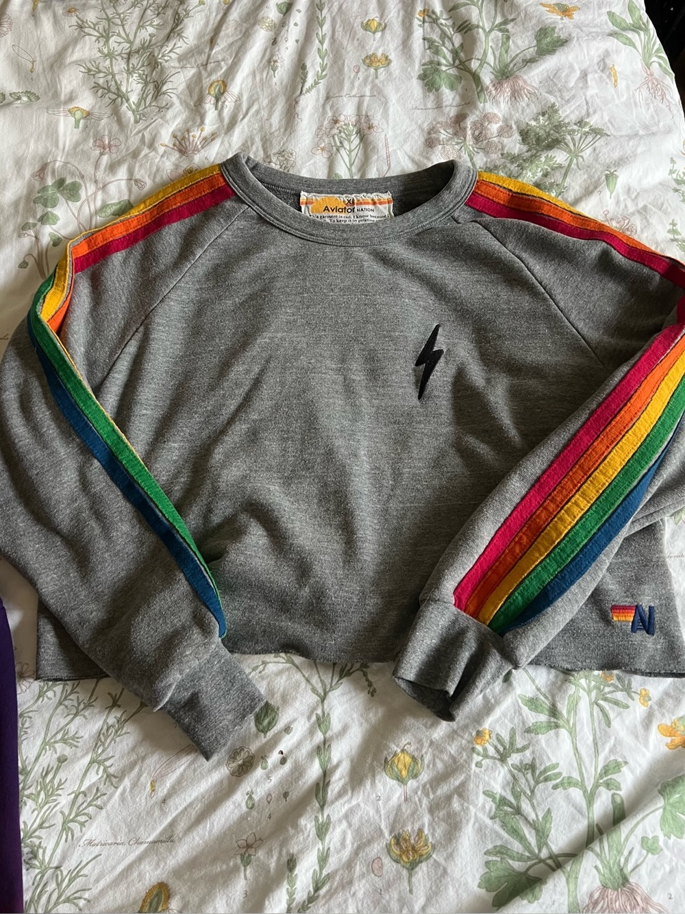 Aviator Nation Gray with Rainbow Stripes Crewneck Sweater